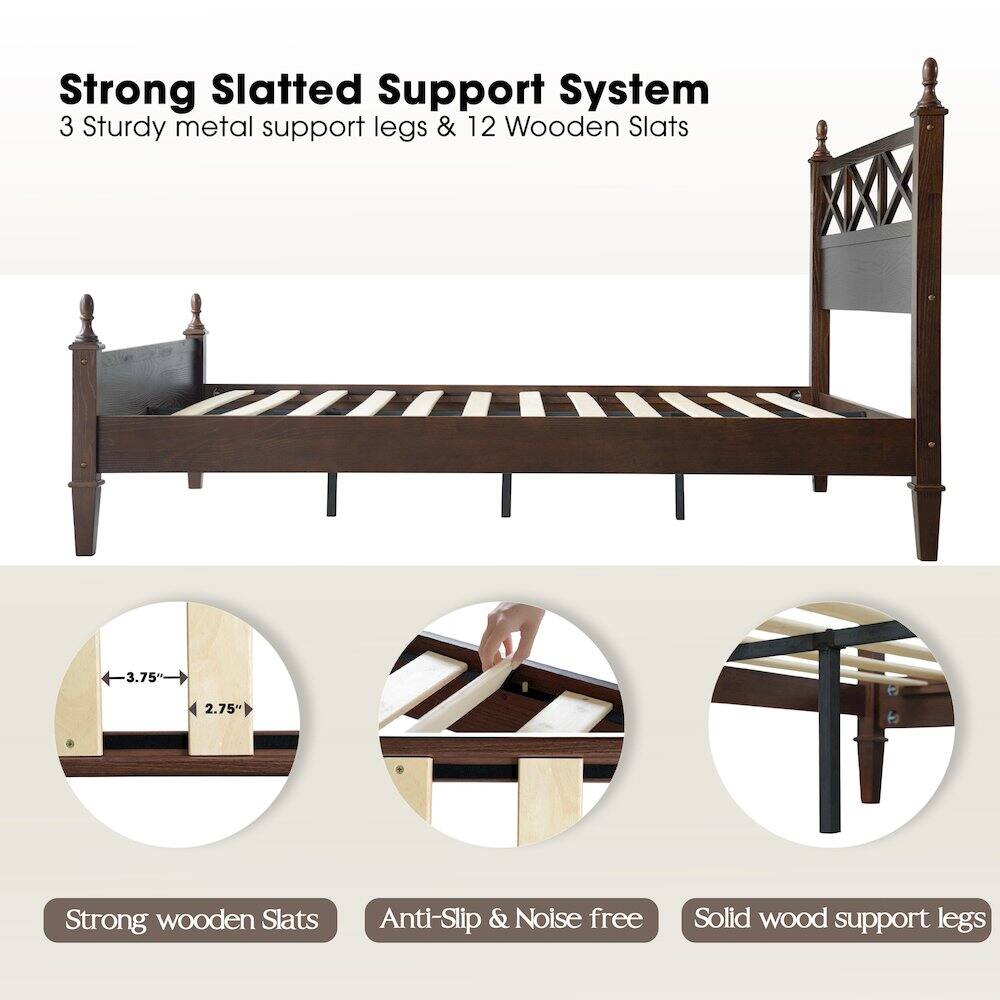 Strong Slatted Support System  
3 Sturdy metal support legs & 12 Wooden Slats  
3.75" x 2.75"  
Strong wooden Slats  
Anti-Slip & Noise free  
Solid wood support legs
