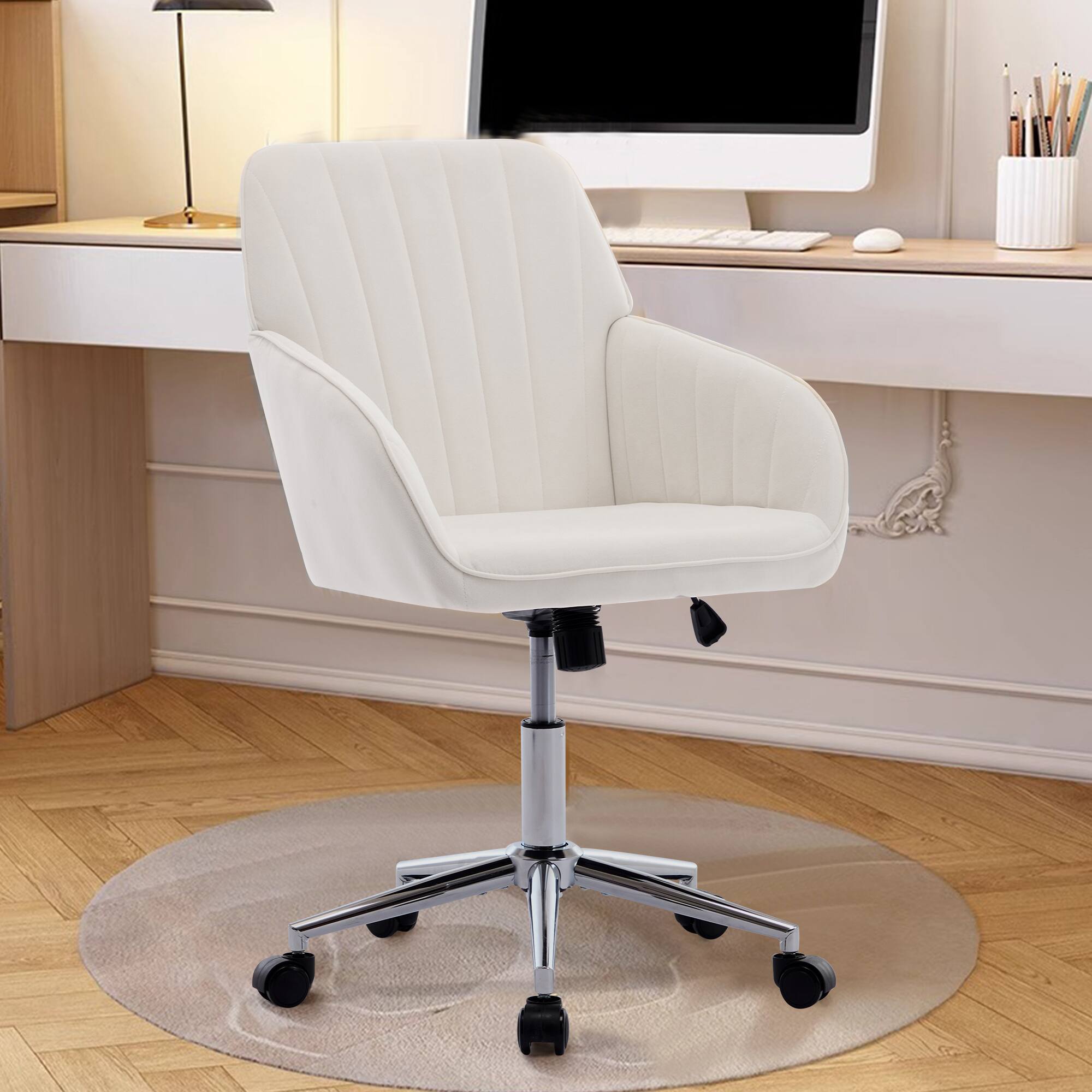 Left. Vaczon - Modern Adjustable Ergonomic Swivel Office Chair with Armrests and Silver Metal Base for Home and Bedroom - Beige.