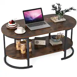 Gymax - 2-Tier Wooden Accent Table w/Spacious Tabletop Open Storage Shelf for Room Rustic - Brown