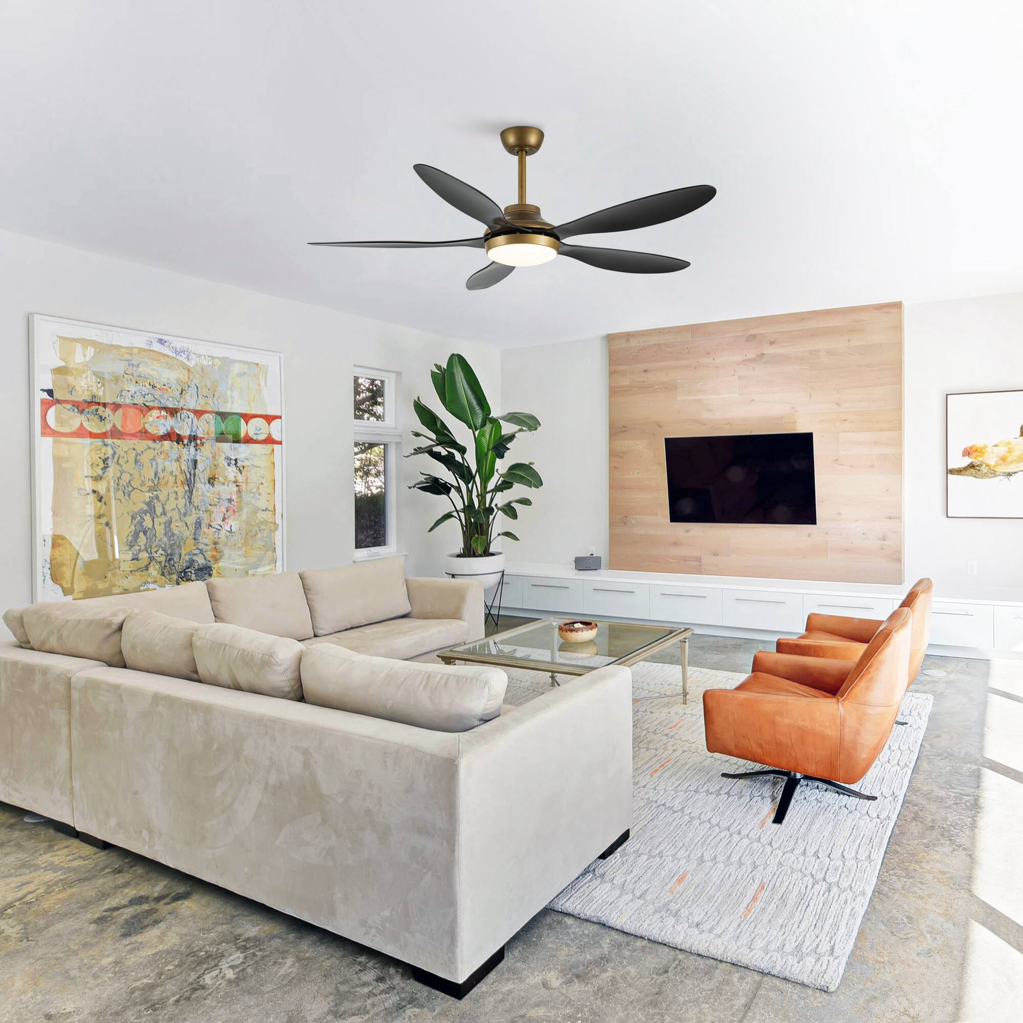 Back. Parrot Uncle - 52" Antique Brass Smart Ceiling Fan with Light and Remote, App Control, Voice Control - Black.