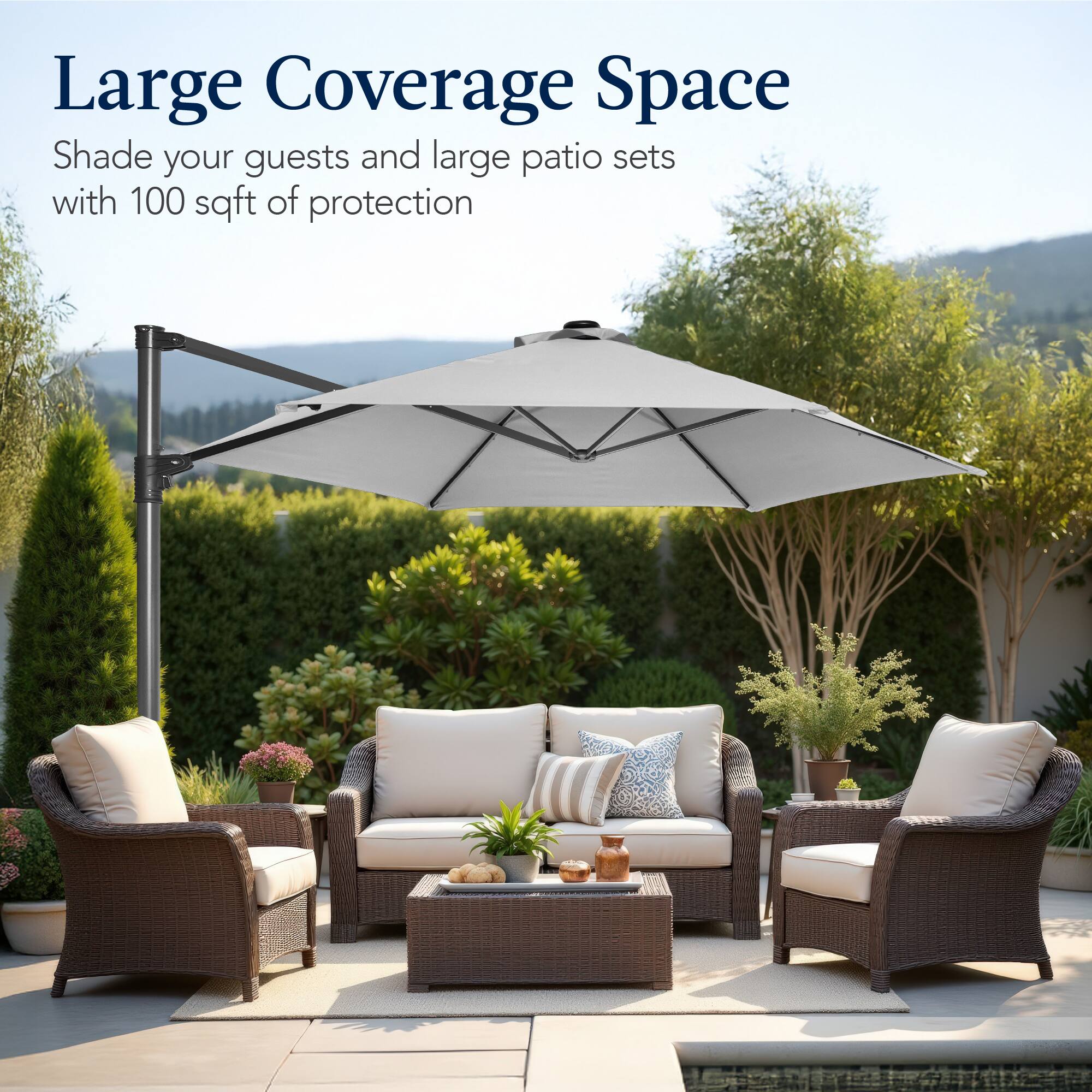 Large Coverage Space

Shade your guests and large patio sets with 100 sqft of protection.