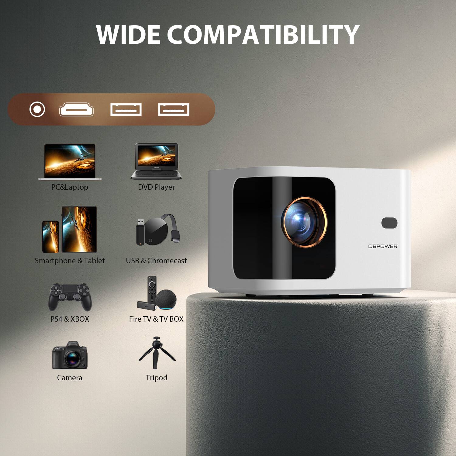 WIDE COMPATIBILITY

PC & Laptop  
DVD Player  
Smartphone & Tablet  
USB & Chromecast  
PS4 & XBOX  
Fire TV & TV BOX  
Camera  
Tripod