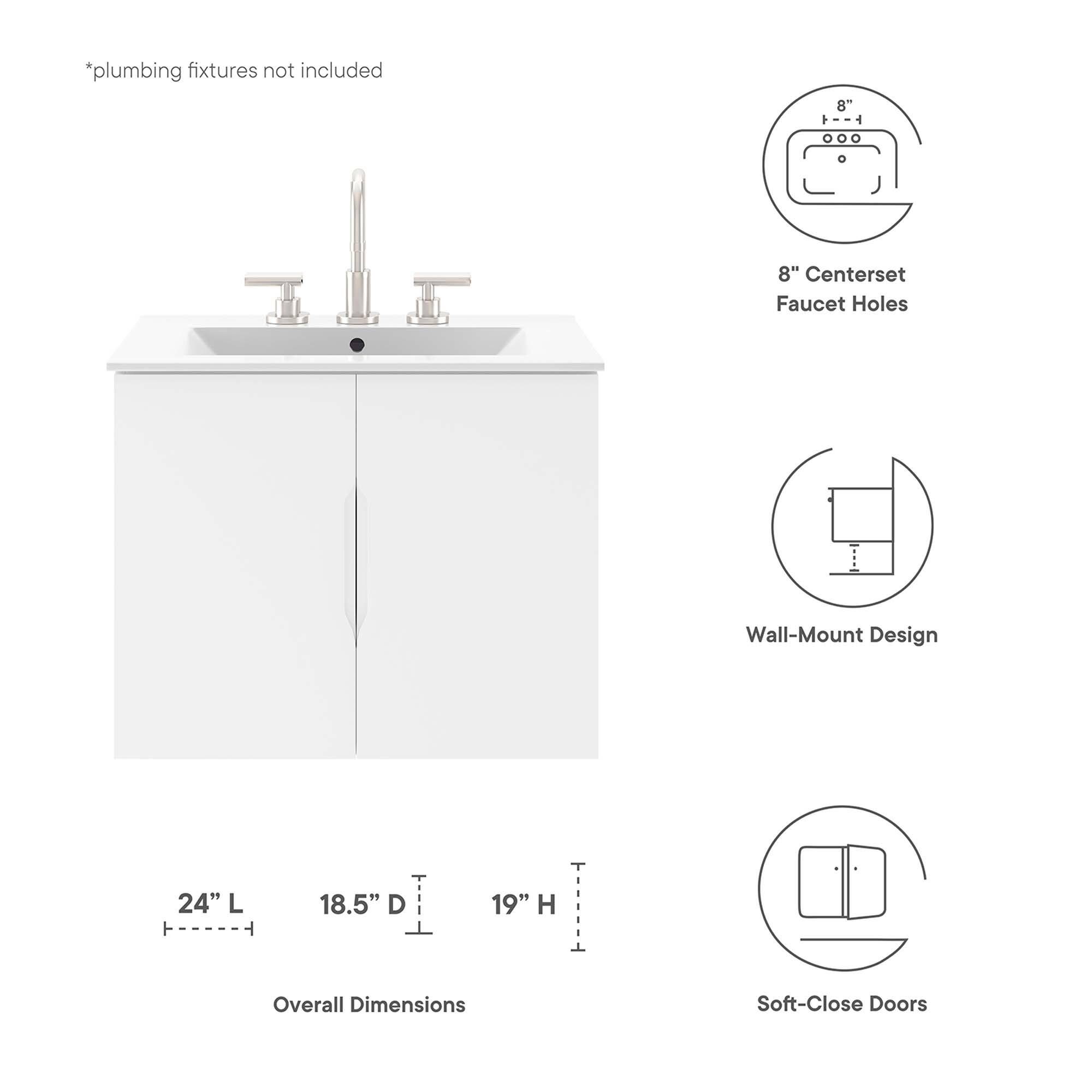 *plumbing fixtures not included

8" Centerset Faucet Holes

Wall-Mount Design

24" L x 18.5" D x 19" H Overall Dimensions

Soft-Close Doors