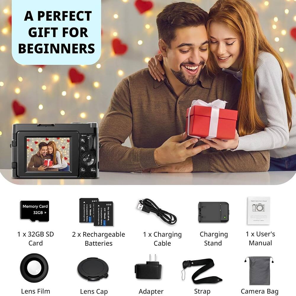 A PERFECT GIFT FOR BEGINNERS

1 x 32GB SD Card  
2 x Rechargeable Batteries  
1 x Charging Cable  
Charging Stand  
1 x User's Manual  
Lens Film  
Lens Cap  
Adapter  
Strap  
Camera Bag