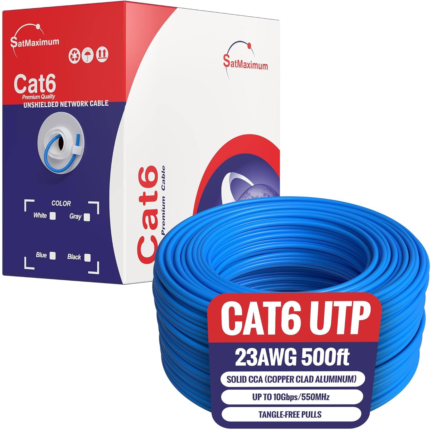 Cables Direct Online - CAT6 Cable 500ft Pull Box Solid Ethernet LAN UTP Cable 23AWG 550Mhz Network CCA Copper Clad Aluminum Wire Bulk Blue