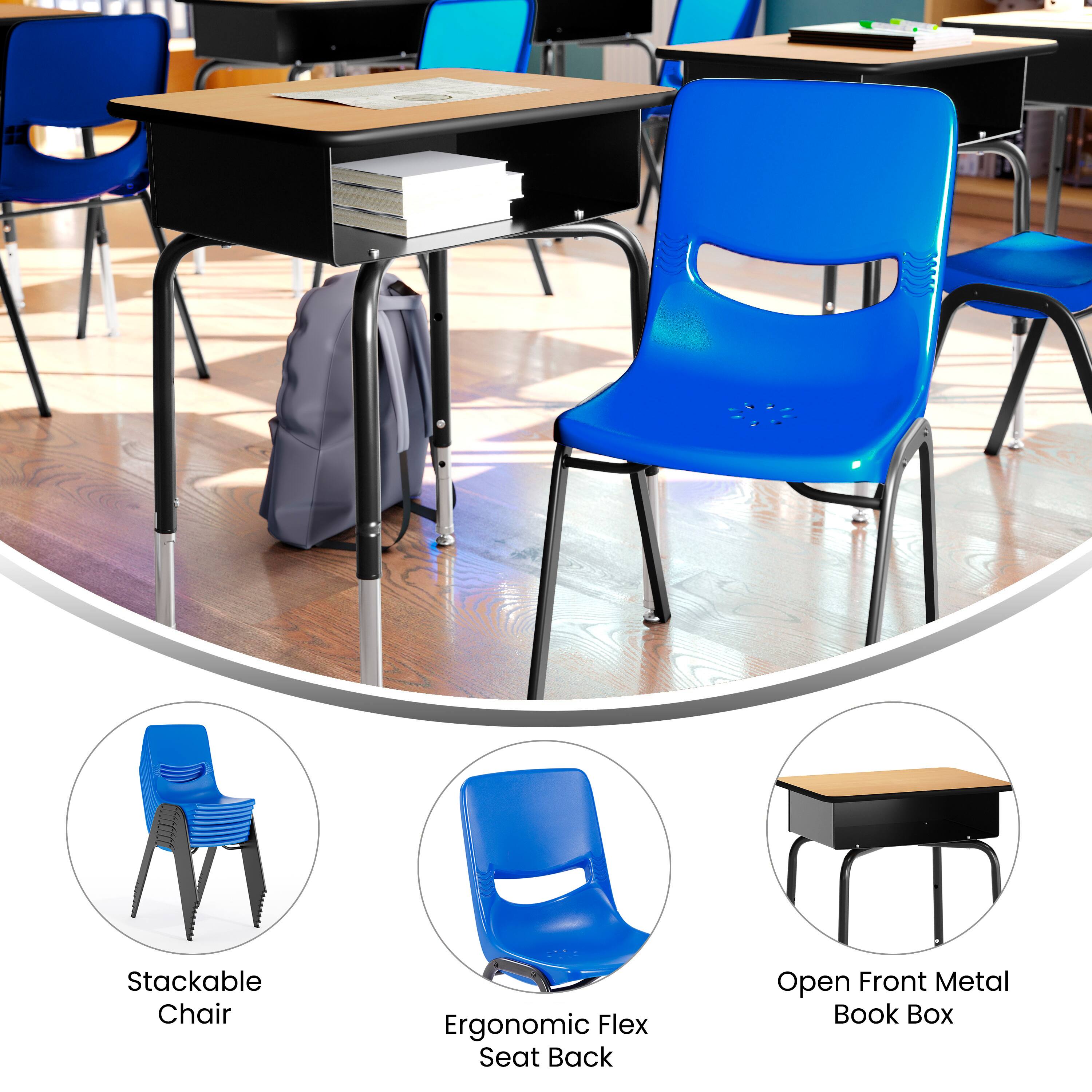 Stackable Chair  
Ergonomic Flex Seat Back  
Open Front Metal Book Box