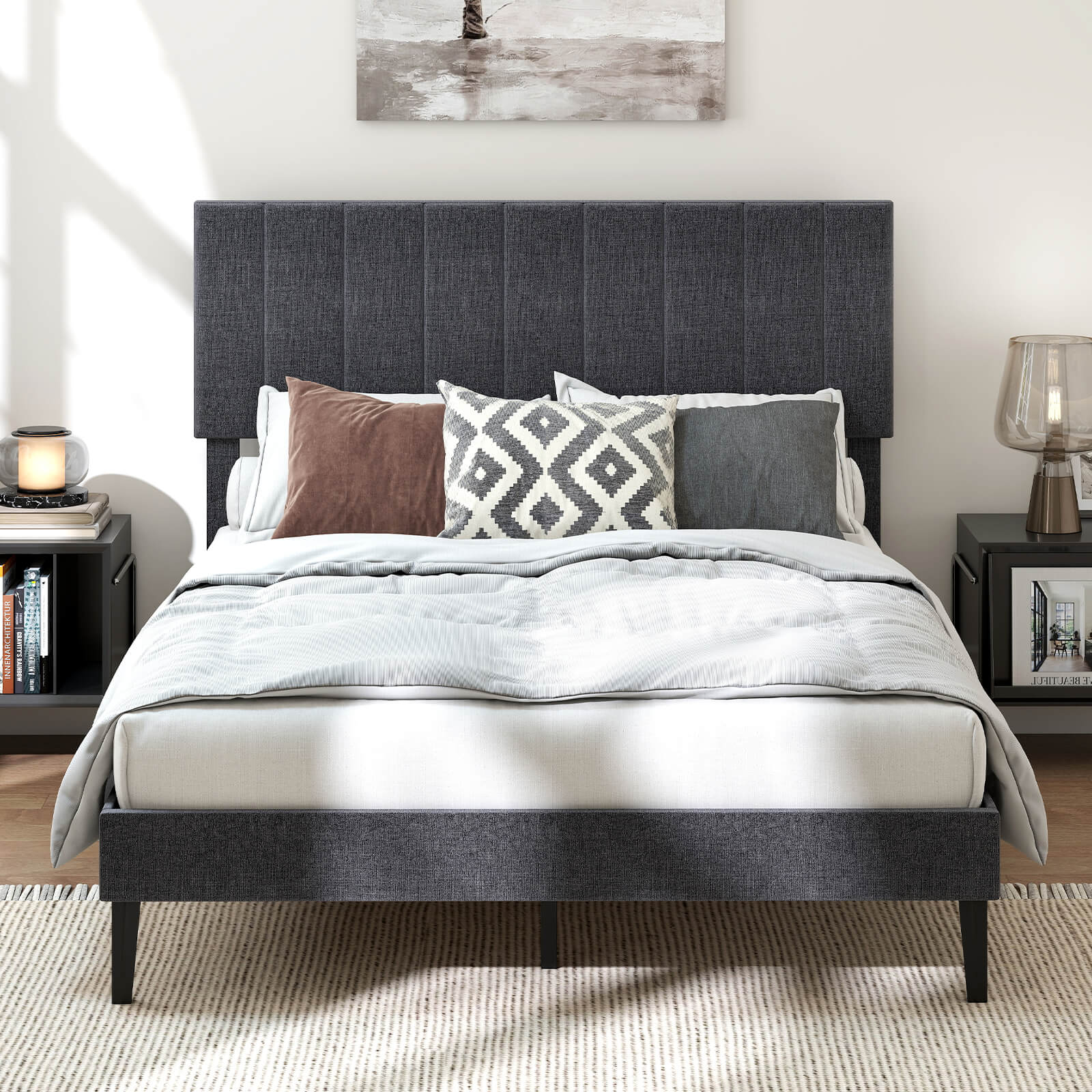 Alt View 3. Costway - Costway Full Size Bed Frame with Height Adjustable Vertical Channel Headboard, Noise Free - Gray.