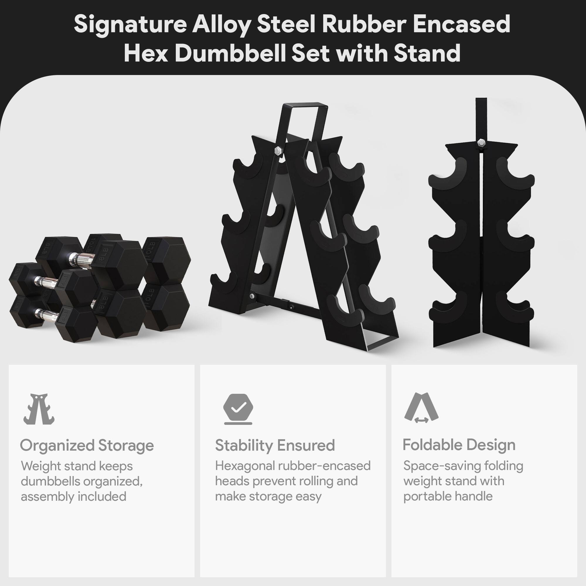 Signature Alloy Steel Rubber Encased Hex Dumbbell Set with Stand

- Organized Storage
  - Weight stand keeps dumbbells organized, assembly included

- Stability Ensured
  - Hexagonal rubber-encased heads prevent rolling and make storage easy

- Foldable Design
  - Space-saving folding weight stand with portable handle