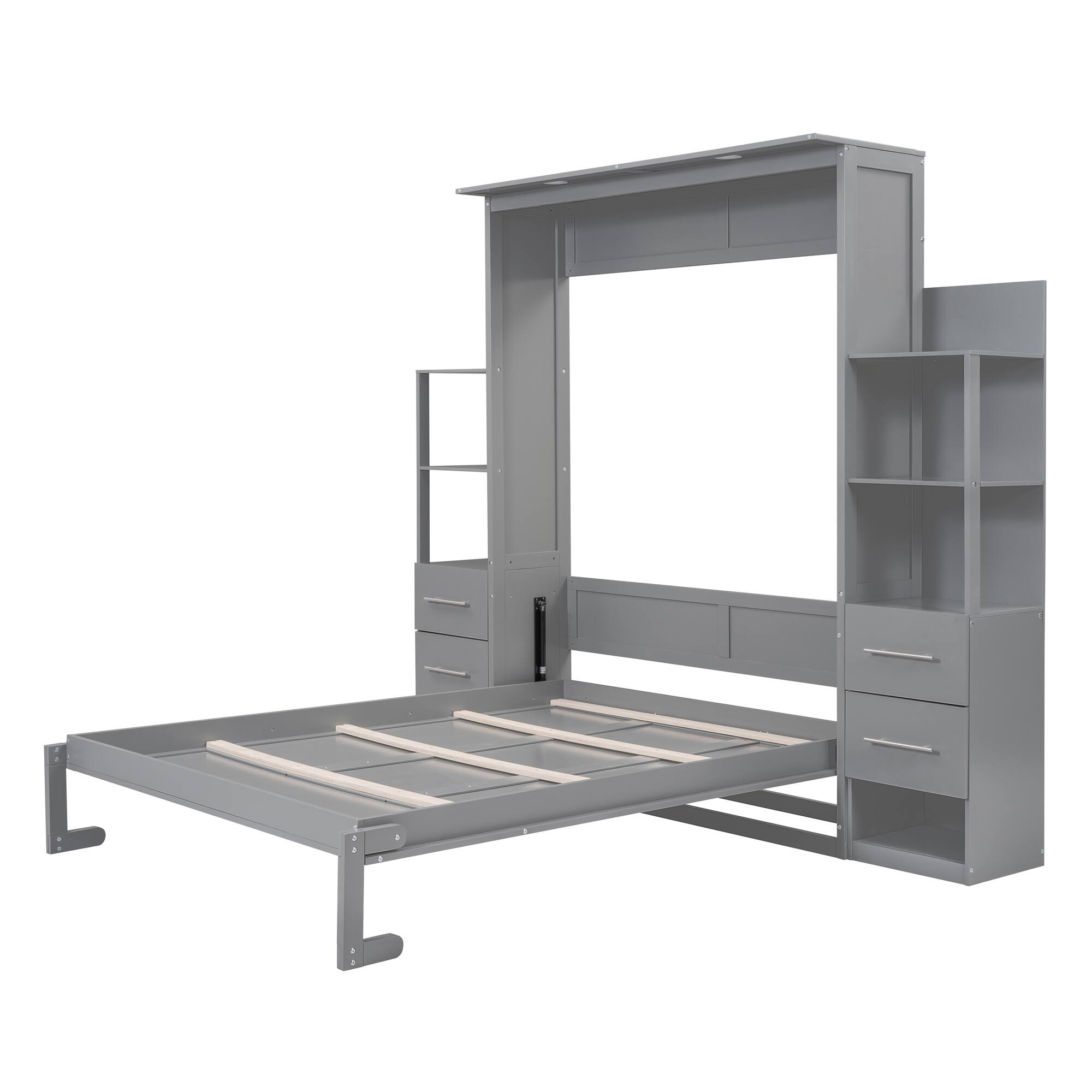 Alt View 1. Tiramisubest - Queen Size Murphy Wall Bed w/ Shelves, Drawers, LED Lights, Gray, 88x104x88 inches, 286 lbs - Gray.