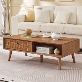 Anysun - Farmhouse Wooden Coffee Table with Hidden Drawer & Open Shelf - Oak