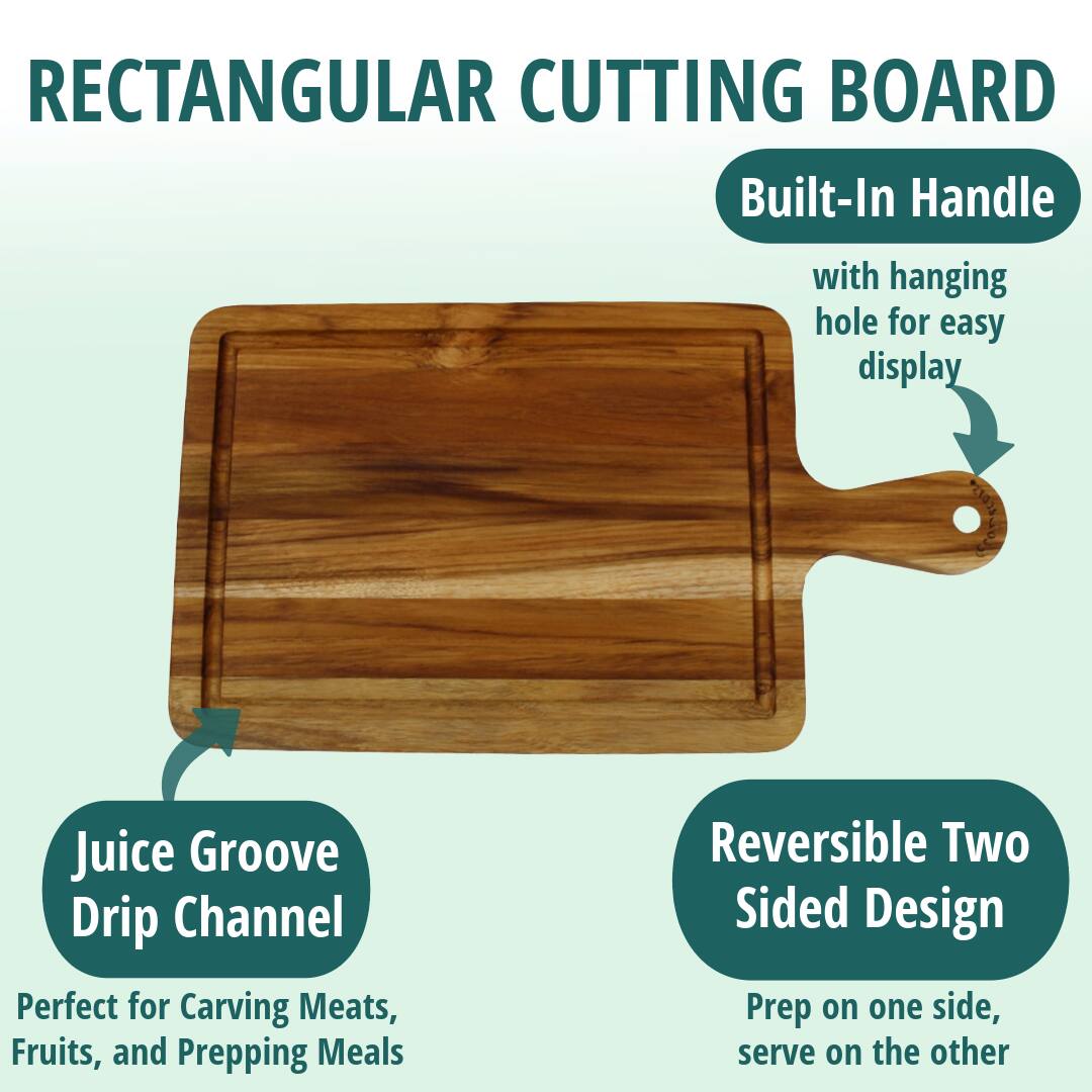 RECTANGULAR CUTTING BOARD

- Built-In Handle with hanging hole for easy display
- Juice Groove Drip Channel
- Perfect for Carving Meats, Fruits, and Prepping Meals
- Reversible Two Sided Design
- Prep on one side, serve on the other