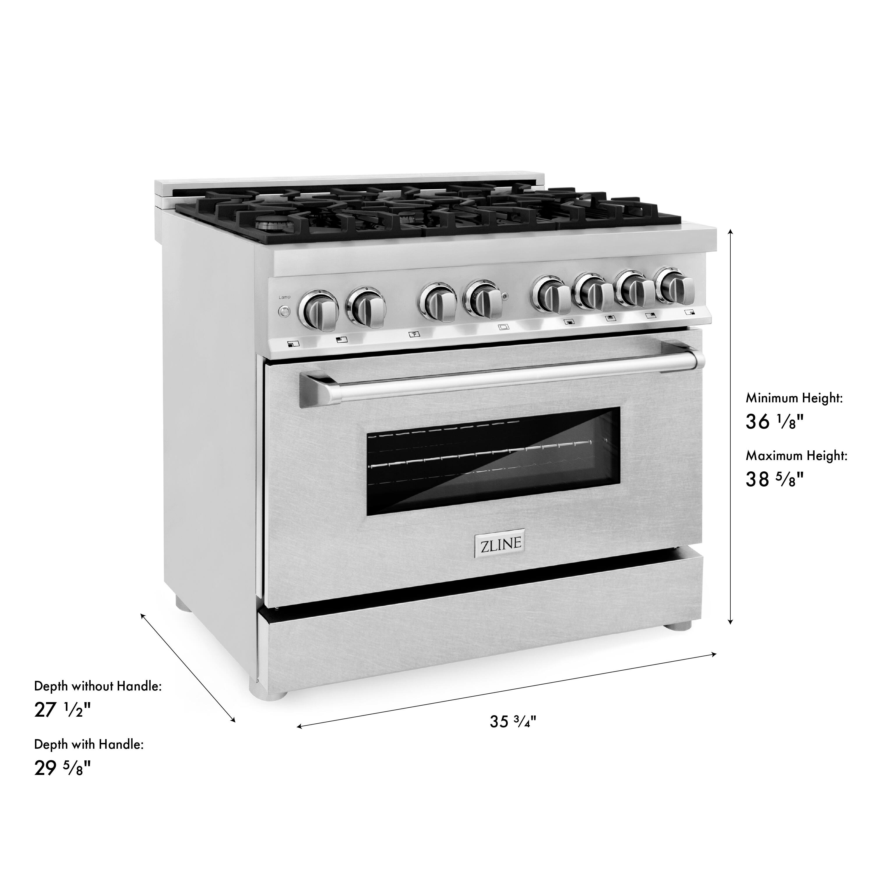 - Minimum Height: 36 1/8"
- Maximum Height: 38 5/8"
- ZLINE Depth without Handle: 27 1/2"
- Depth with Handle: 29 5/8"
- 35 3/4"