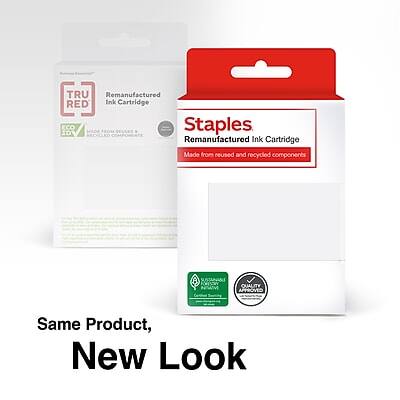 TRU Remanufactured RED Ink Cartridge  
ECO ID  
Staples Remanufactured Ink Cartridge  
Made from reused and recycled components  
QUALITY APPROVED  

Same Product, New Look