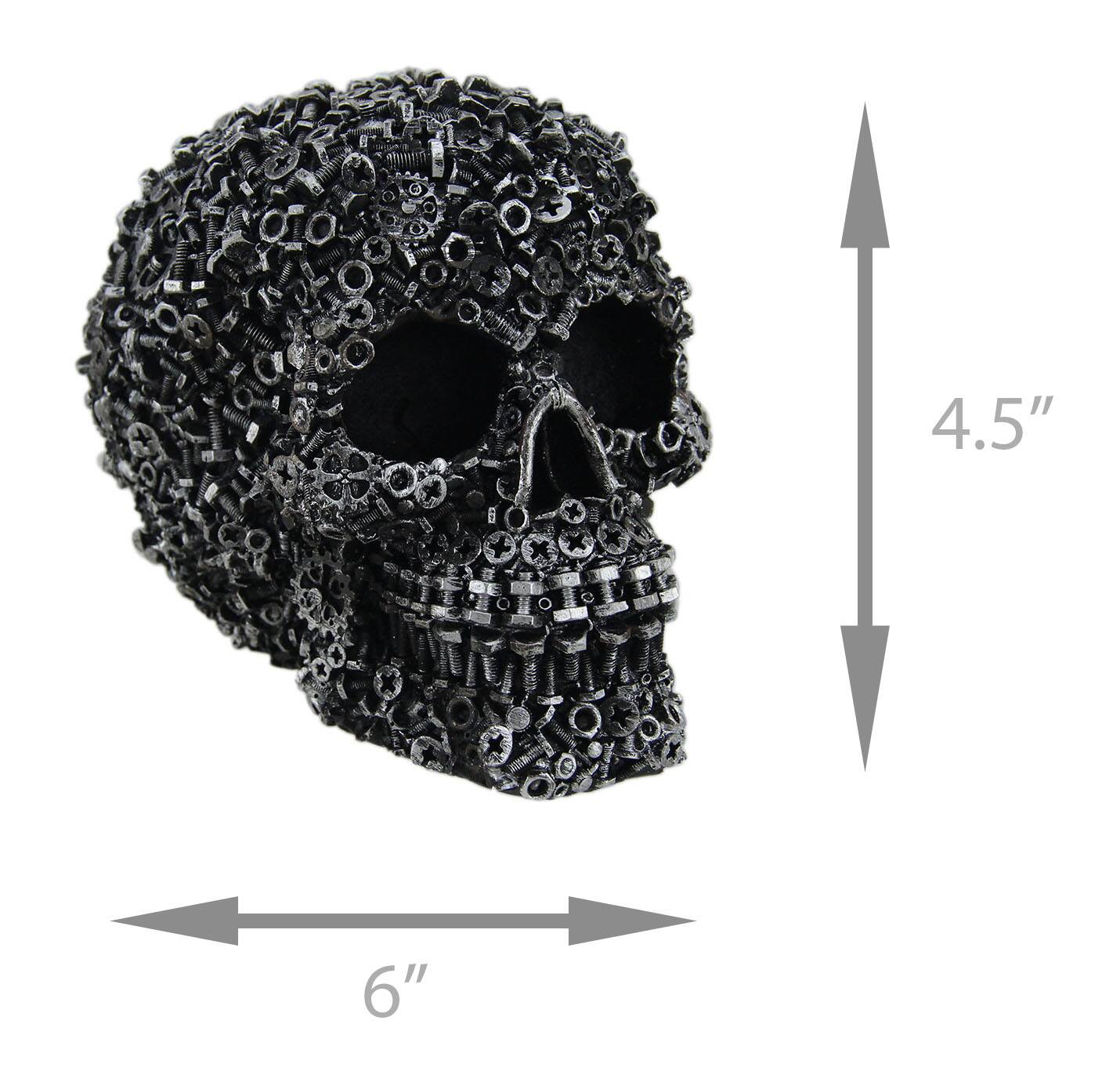 Alt View 3. Zeckos - Scrap Head Steampunk Junk Pile Nuts & Bolts Covered Skull Statue 6 inch - Silver.
