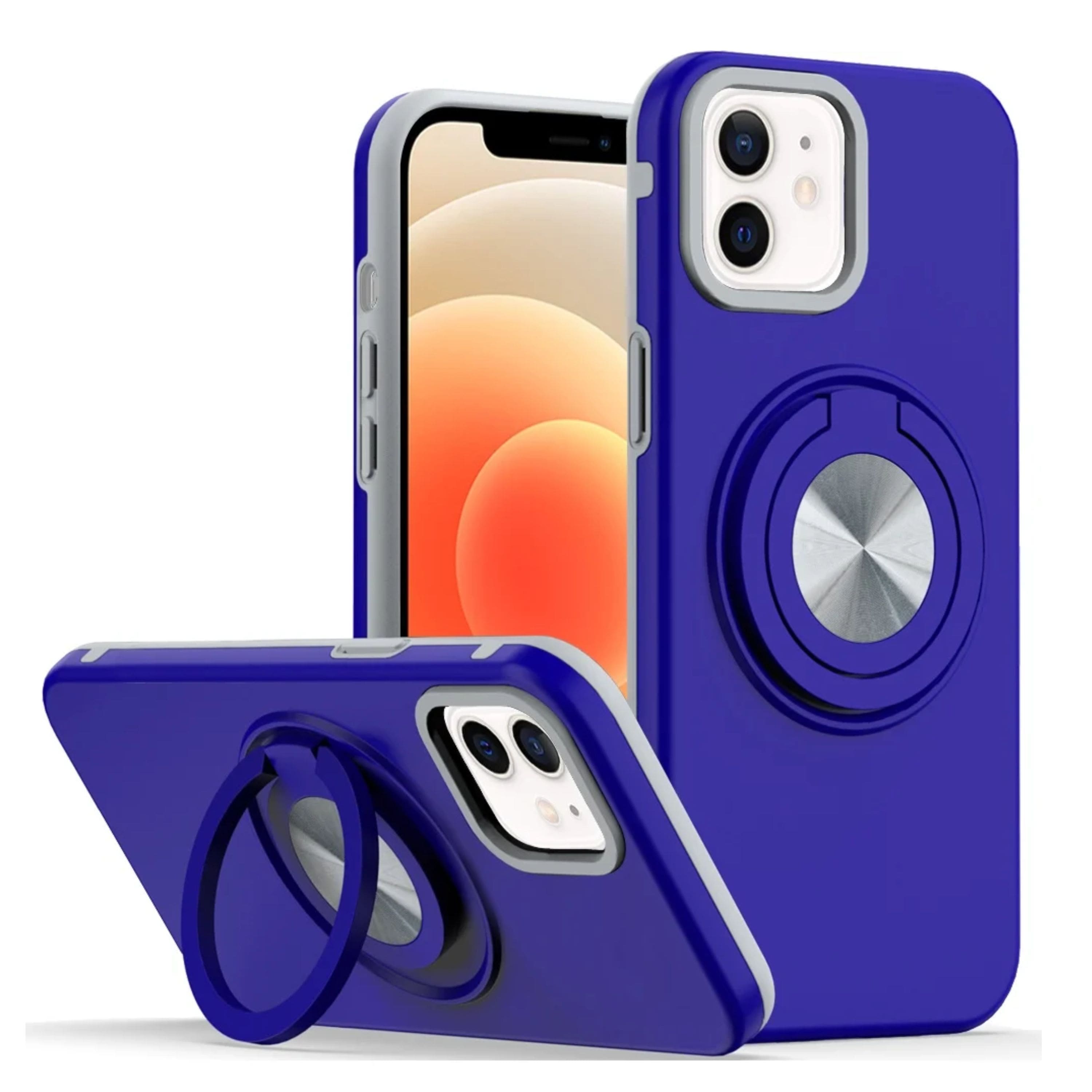 Kitcheniva - Solid Rugged Shockproof Phone Case With 360 Stand Tempered Glass For iPhone 12/12 Pro - Blue
