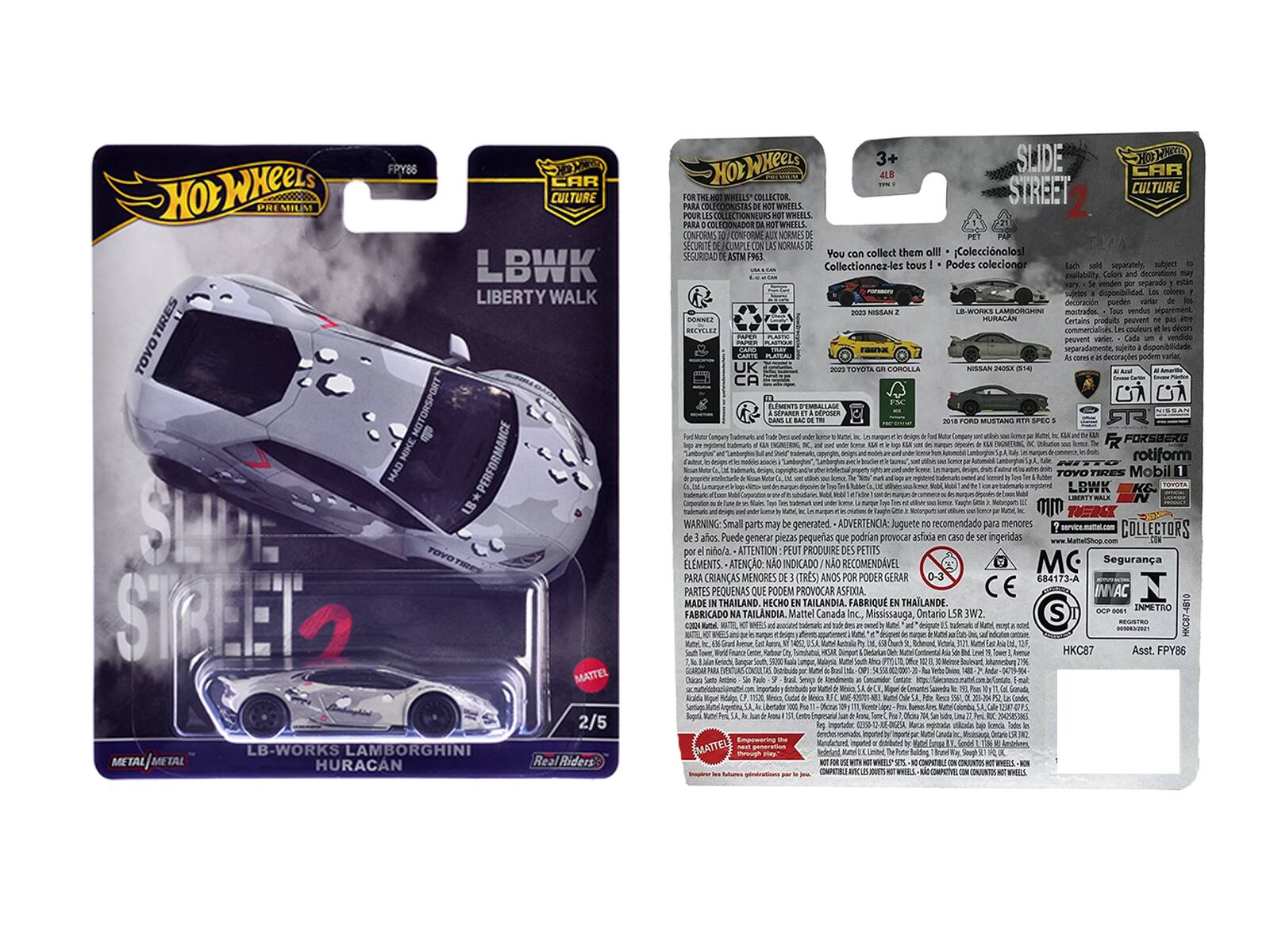 Sure, here is the corrected and grouped text from the image:

---

**Front of the Package:**

- **Hot Wheels**
- **Premium**
- **LBWK**
- **LIBERTY WALK**
- **SLIDE STREET 2**
- **LB-WORKS LAMBORGHINI HURACAN**
- **Real Riders**
- **2/5**
- **METAL/METAL**
- **TOYOTA GIRL COROLLA**
- **NISSAN 200SX (R32)**
- **2018 FORD MUSTANG RTR SPEC 5**
- **NISSAN FAIRLADY Z**
- **LAMBORGHINI HURACAN**
- **TOYOTA GIRL COROLLA**
- **NISSAN 200SX (R32)**
- **2018 FORD MUSTANG RTR SPEC 5**
- **NISSAN FAIRLADY Z**
- **LAMBORGHINI HURACAN**
- **TOYOTA GIRL COROLLA**
- **NISSAN 200SX (R32)**
- **2018 FORD MUST