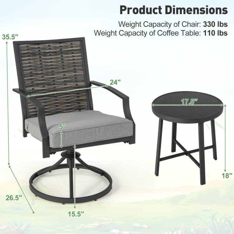 35.5" Product Dimensions  
Weight Capacity of Chair: 330 lbs  
Weight Capacity of Coffee Table: 110 lbs  
24"  
17.5"  
5"  
18"  
26.5"  
15.5"