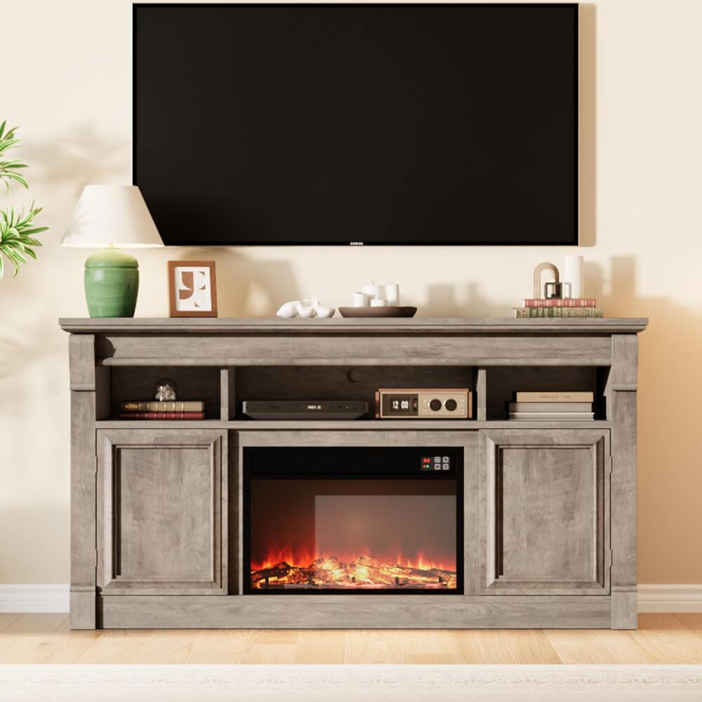 Front. GARVEE - TV Stand - Wood Entertainment Center with Storage Cabinets ,Fireplace TV Stand - Gray.