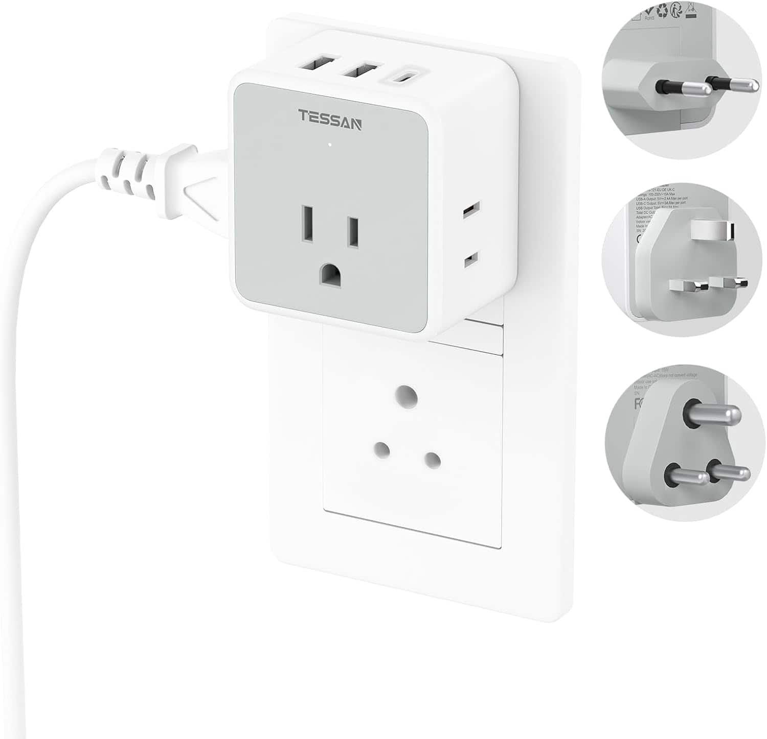 TESSAN - Travel Plug Adapter Kit US to Europe UK India Type C G D 3 Outlets 3 USB 1 USB C International Adapter - White