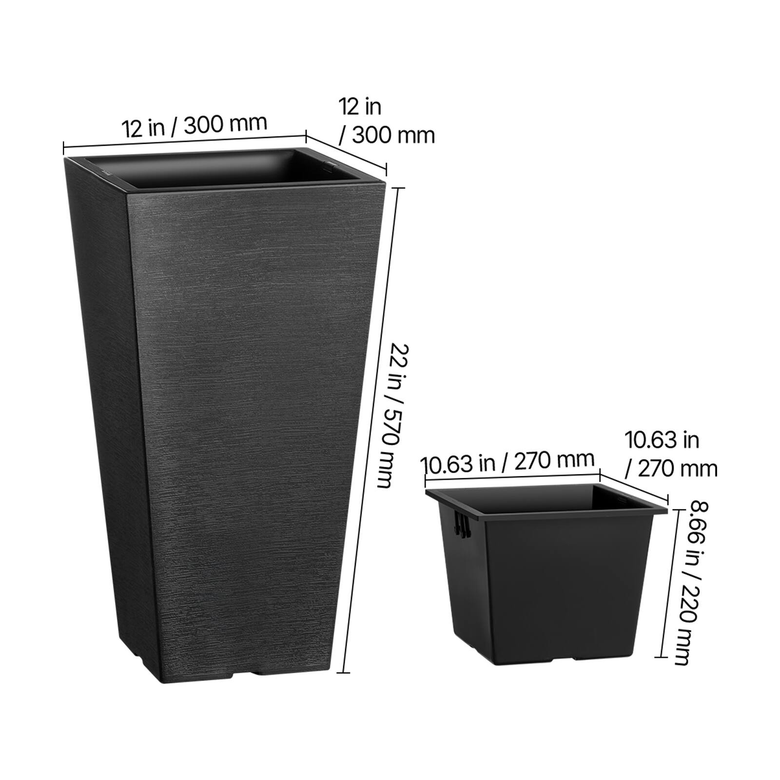 12 in / 300 mm  
12 in / 300 mm  
22 in / 570 mm  
10.63 in / 270 mm  
10.63 in / 270 mm  
8.66 in / 220 mm