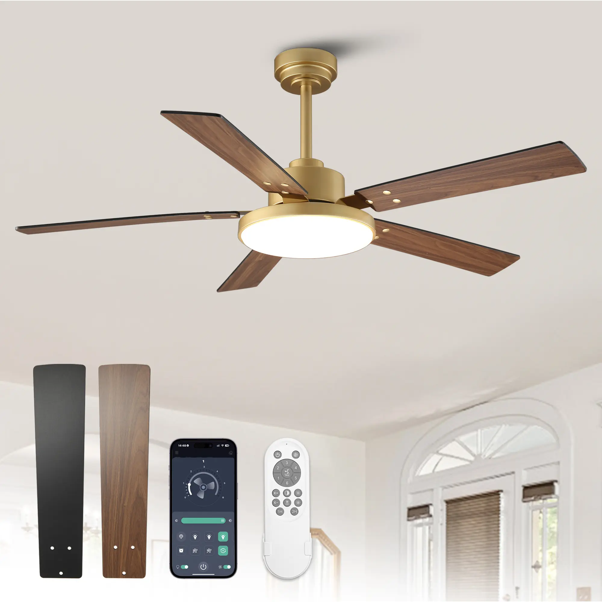 Vaczon - 52" Modern 3CCT Dimmable LED Smart Ceiling Fan with Light and Remote and APP Control, Reversible Blades - Gold