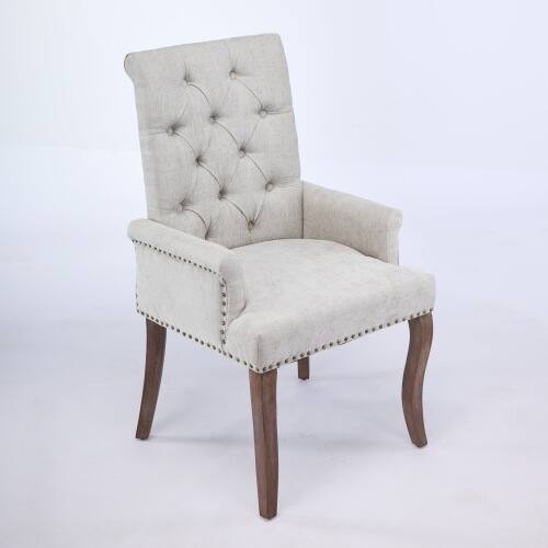 Back. LUCKY ONE - Assembled Tufted Chenille Arm Dining Chair with Curved Solid Wood Legs Club Style Single - Beige.