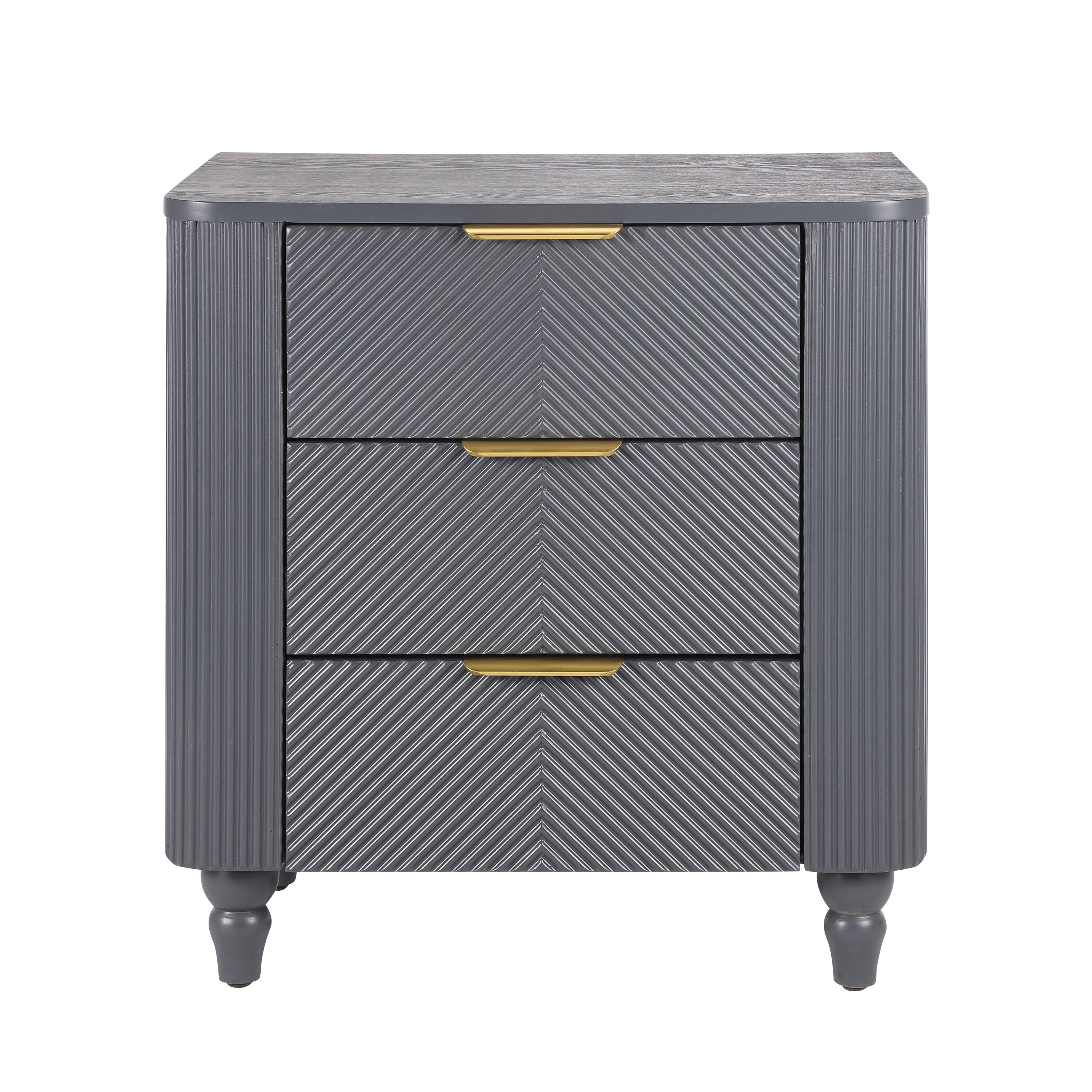 Angle. Whisen - Mid-Century Fluted 3-Drawer Nightstand,Bedside Table with Curved Profile and Gold Glossy Handles - Dark Gray.