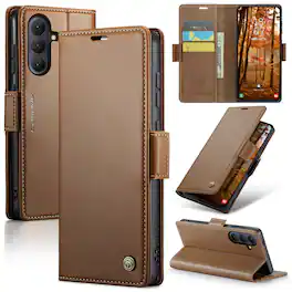 Dteck - Wallet Case for Samsung Galaxy A17 5G Premium Leather RFID Card Slots Kickstand Shockproof Magnetic Clasp Cover - Brown