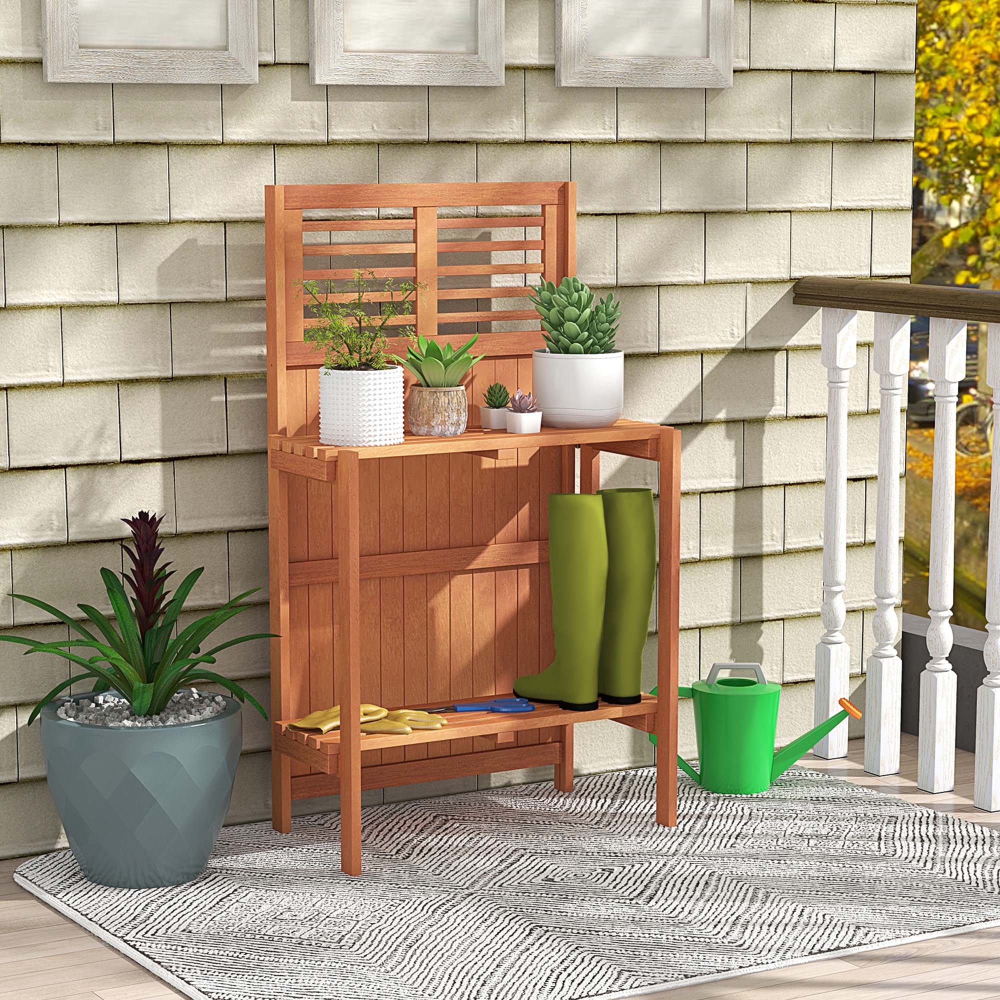 Alt View 4. Costway - Wood Potting Bench Waterproof Garden Table with 2-Tier Open Storage Shelf - Natural.