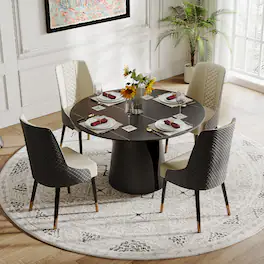 POVISON - 51" Modern Round Black Dining Table for 4,Matte Sintered Stone Tabletop, Black Carbon Steel Base - Matte Black Sintered Stone & Black Steel Base