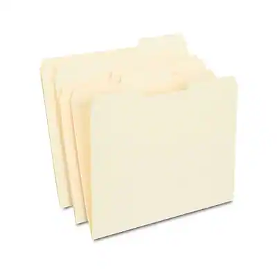 Front. Staples - 30% Recycled Reinforced File Folders, 1/3-Cut Tab, Letter Size, Manila, 100/Box - Manila.