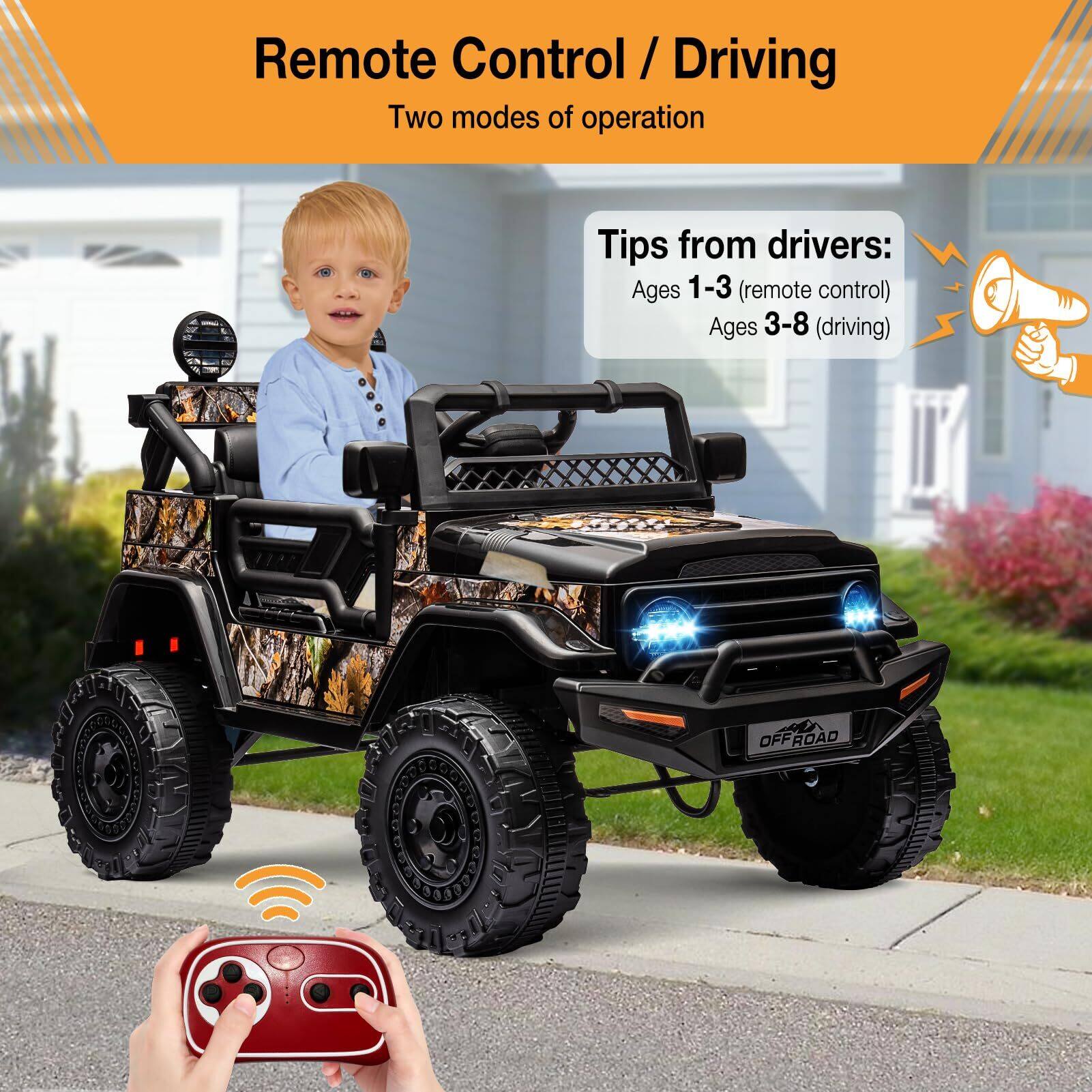 Remote Control / Driving  
Two modes of operation  

Tips from drivers:  
Ages 1-3 (remote control)  
Ages 3-8 (driving)  

SCOE OFFROAD 1598990