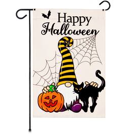 G128 - Garden Flag Happy Halloween Gnome with Pumpkin and Black Cat 12 x 18 in Blockout Fabric - Assorted Colors