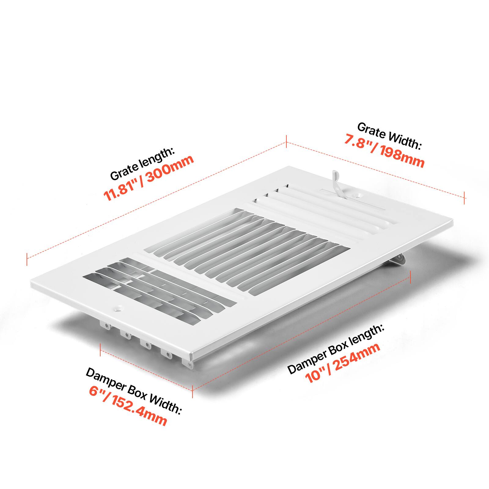 Grate length: 11.81" / 300mm  
Grate width: 7.8" / 198mm  
Damper Box length: 10" / 254mm  
Damper Box width: 6" / 152.4mm