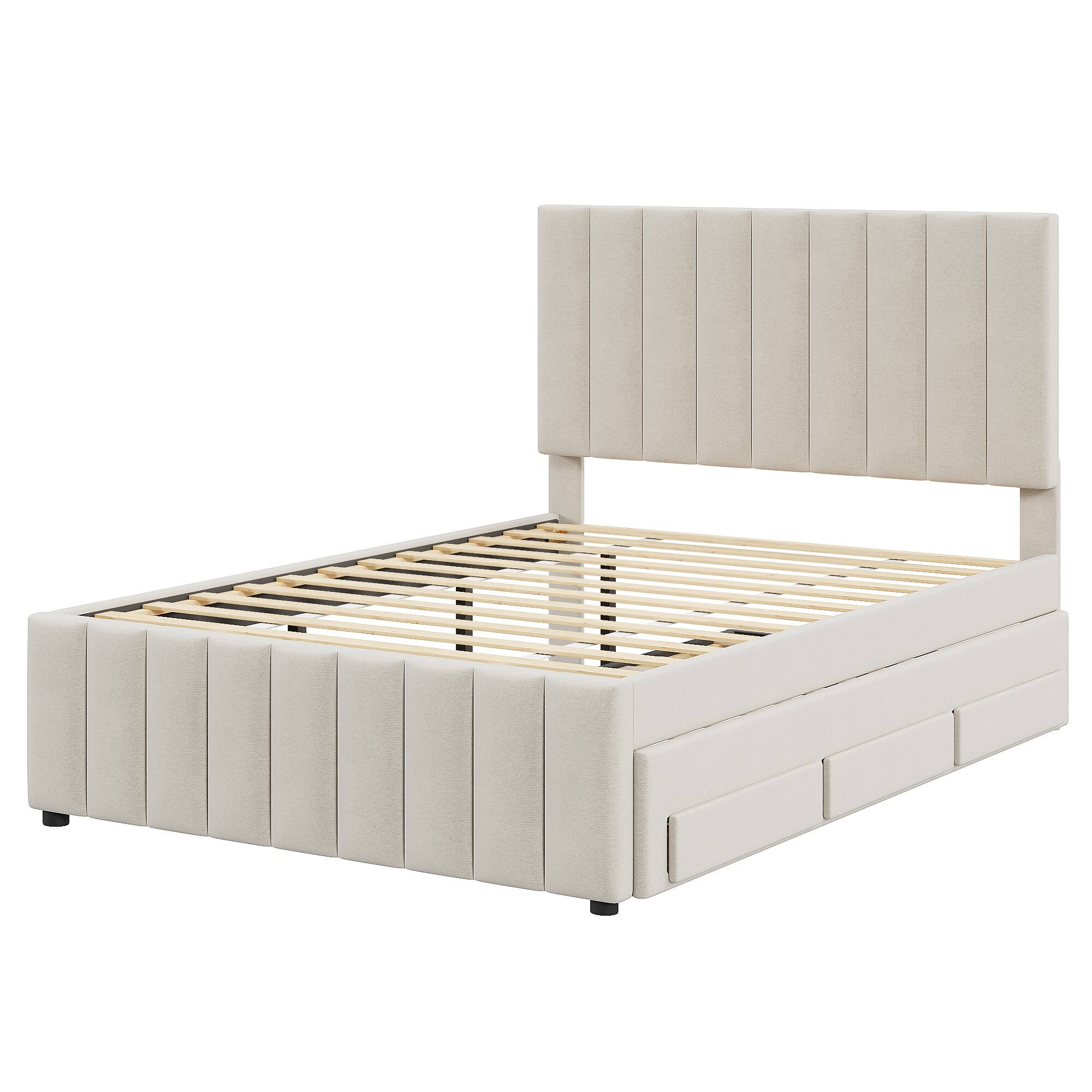 Back. Tiramisubest - Full Size Upholstered Platform Bed with Twin Size Trundle and 3 Drawers, Linen Fabric, Beige - Beige.