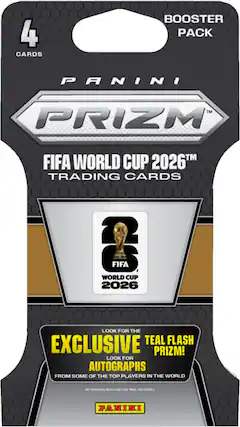 4 CARDS BOOSTER PACK PANINI TM PRIZM TM FIFA WORLD CUP 2026™ TRADING CARDS e FIFA WORLD CUP 2026 LOOK FOR THE EXCLUSIVE TEAL FLASH PRIZM! LOOK FOR AUTOGRAPHS FROM SOME OF THE TOP PLAYERS IN THE WORLD N PURCHASE NECESSARY SEE PACK FOR DETAILS PANINI