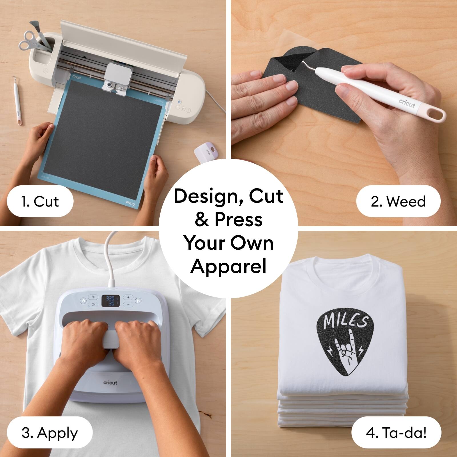 Cricut 1. Cut P Design, Cut & Press Your Own Apparel 2. Weed 3. Apply 4. Ta-da!