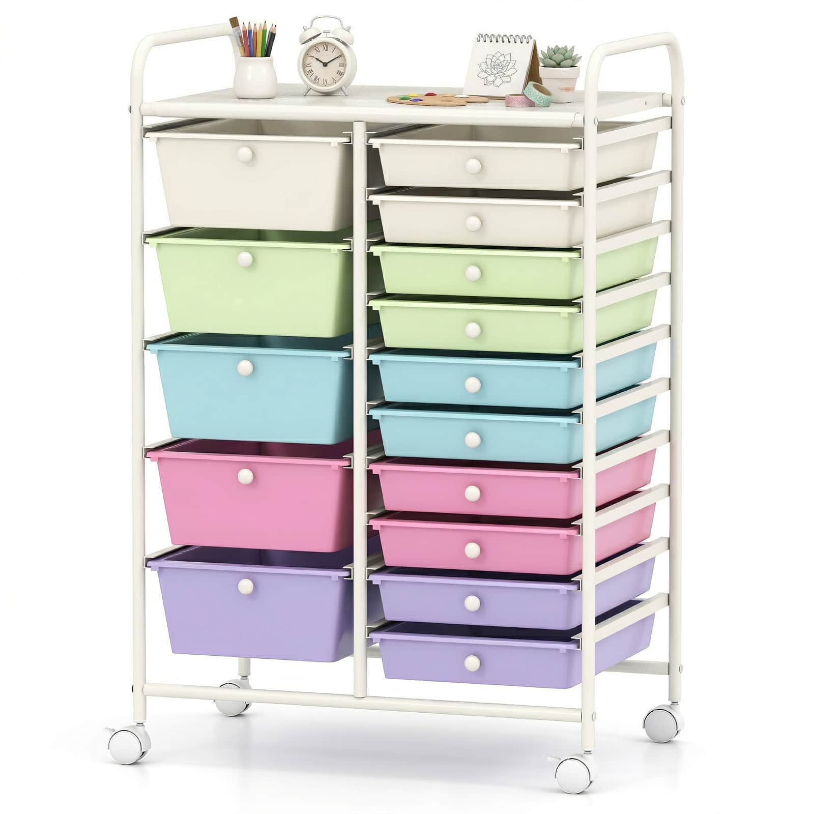 Costway - 15-Drawer Rolling Storage Cart Mobile Cart wirh Colorful Drawers & Metal Frame - Icecream Multicolor