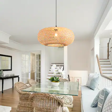 Front. Parrot Uncle - 1-Light Coastal Retro Brown Rustic Bamboo Hand-Woven Hanging Cage Pendant Light - Brown.