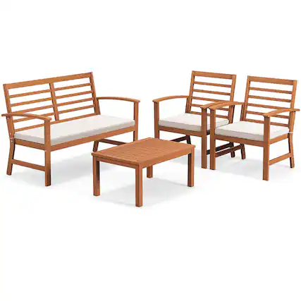 Front. Costway - Costway 4 PCS Outdoor Furniture Set with Soft Seat Cushions Stable Acacia Wood Frame - White.