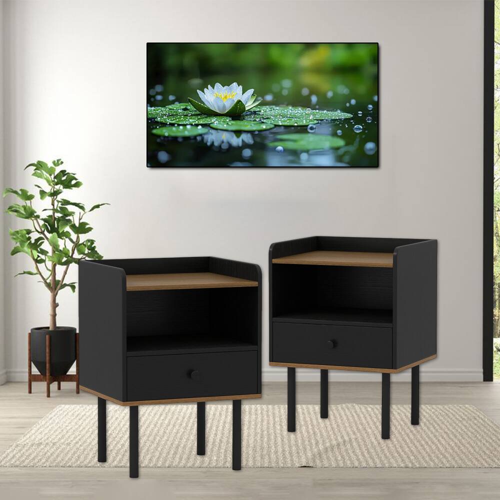 Front. Hivvago - Set of Two Bedside Tables with Pull-Out Drawer and Three-Level Storage - Black.