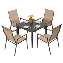 Nuu Garden - 5-Piece Textilene Patio Dining Set with Umbrella Hole, Stackable Design, Faux Wood Armrests - Black and Khaki