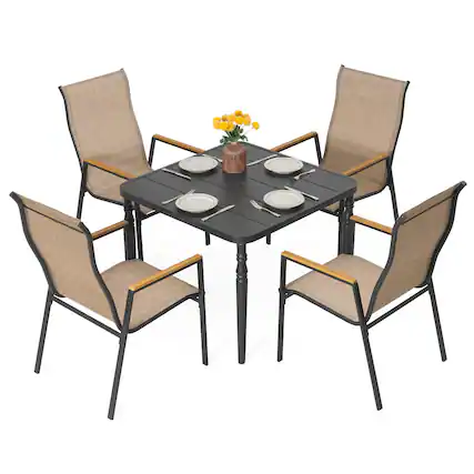 Front. Nuu Garden - 5-Piece Textilene Patio Dining Set with Umbrella Hole, Stackable Design, Faux Wood Armrests - Black and Khaki.