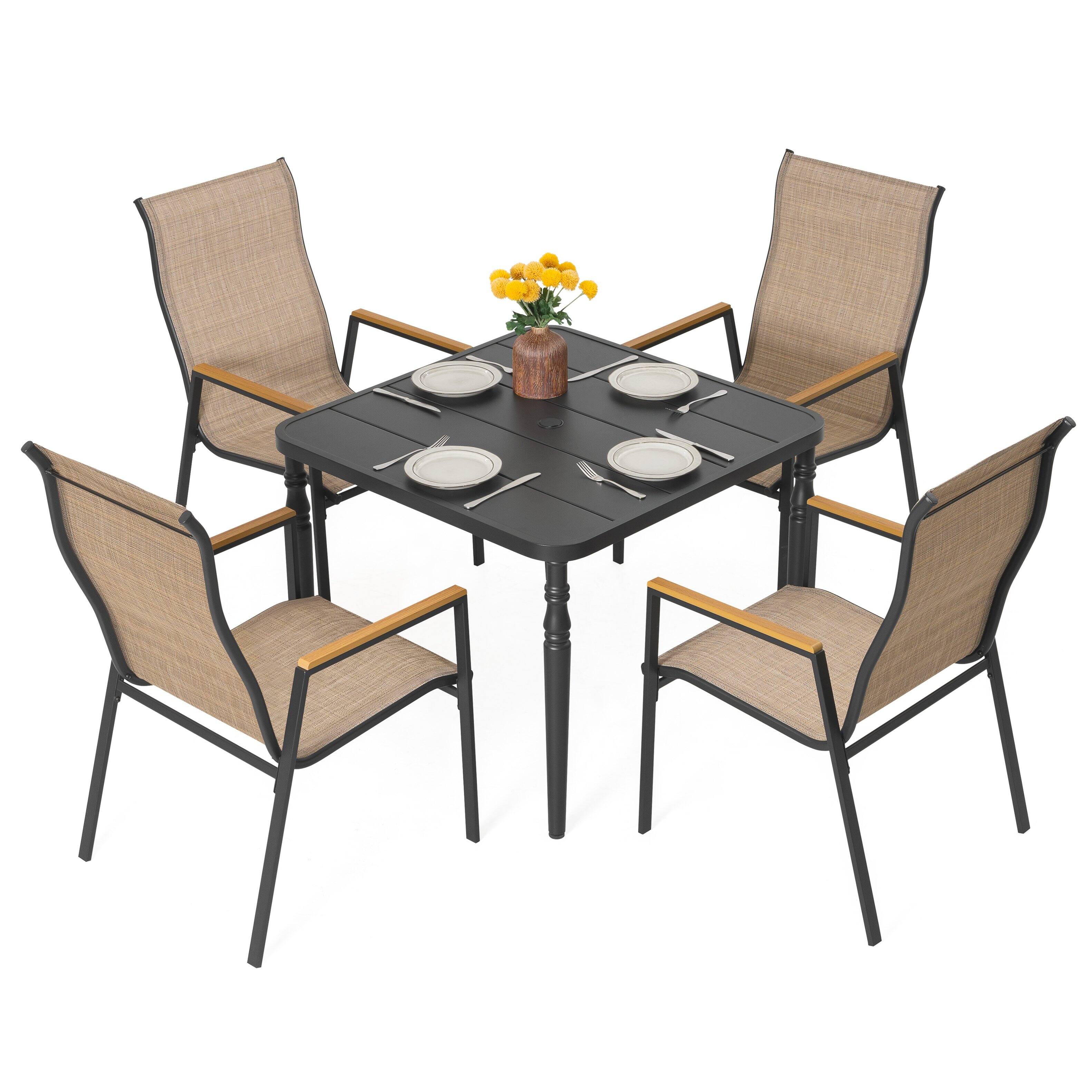 Front. Nuu Garden - 5-Piece Textilene Patio Dining Set with Umbrella Hole, Stackable Design, Faux Wood Armrests - Black and Khaki.