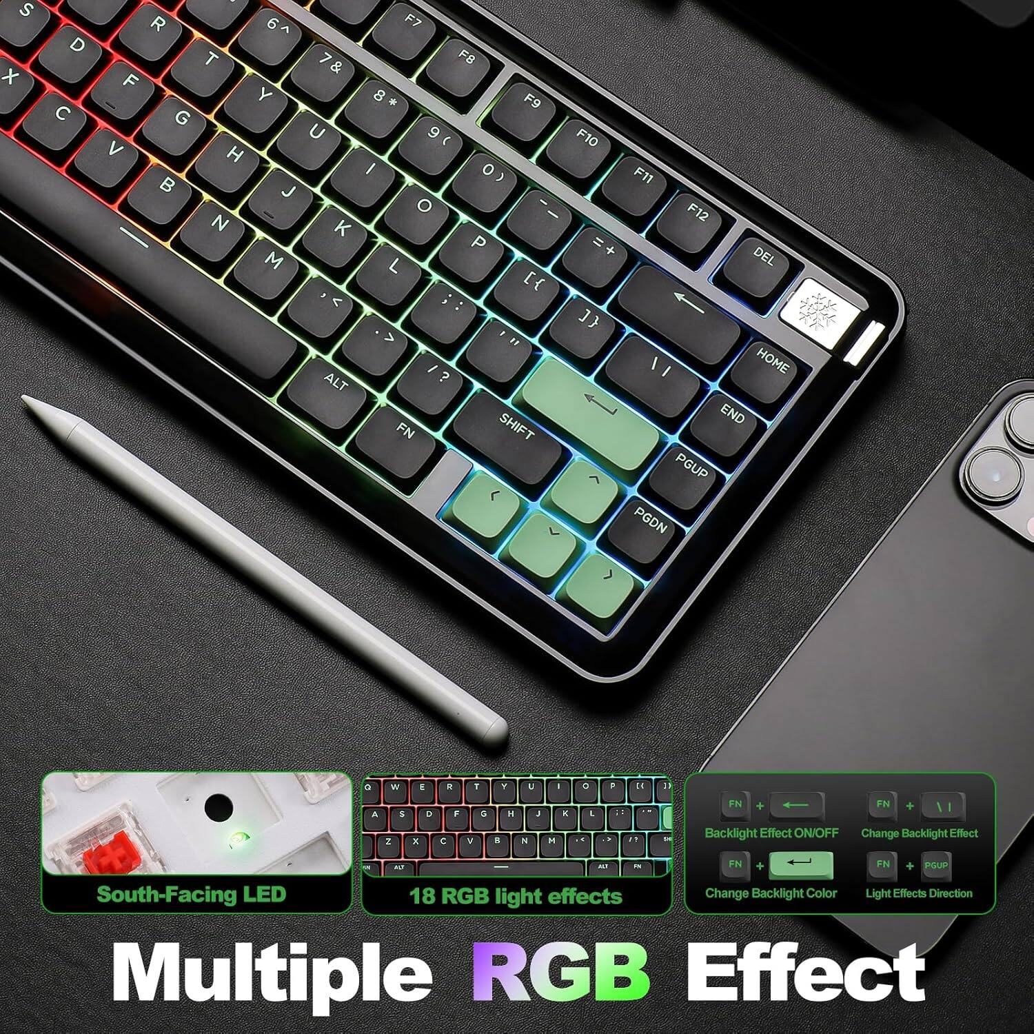 The text on the image can be grouped and corrected as follows:

**Keyboard Layout:**
- S x D C R 6^ F7 T 7 7& FB F Y 8 F9 G U 9 [ V H I 0) B J O - - N K P M L [{ < ;: > F1 / ALT ? FN SHIFT < F10 F11 F12 DEL 1} / I I HOME END PGUP PGDN > 3 A W I = E a x . E C S . . . N I - H D i . . DE : . 11 1 - FN + FNN I - Backlight Effect ON/OFF Change Backlight Effect - ... . FN + FNN PSUP South-Facing LED 18 RGB light effects Change Backlight Color Light Effects Direction Multiple RGB Effect

**Key Features:**
- South-Facing LED
- 18 RGB light effects
- Backlight ON/OFF
- Change Backlight Effect
- Change Backlight Color
- Light Effects Direction

**Additional Information:**
- Multiple RGB Effect