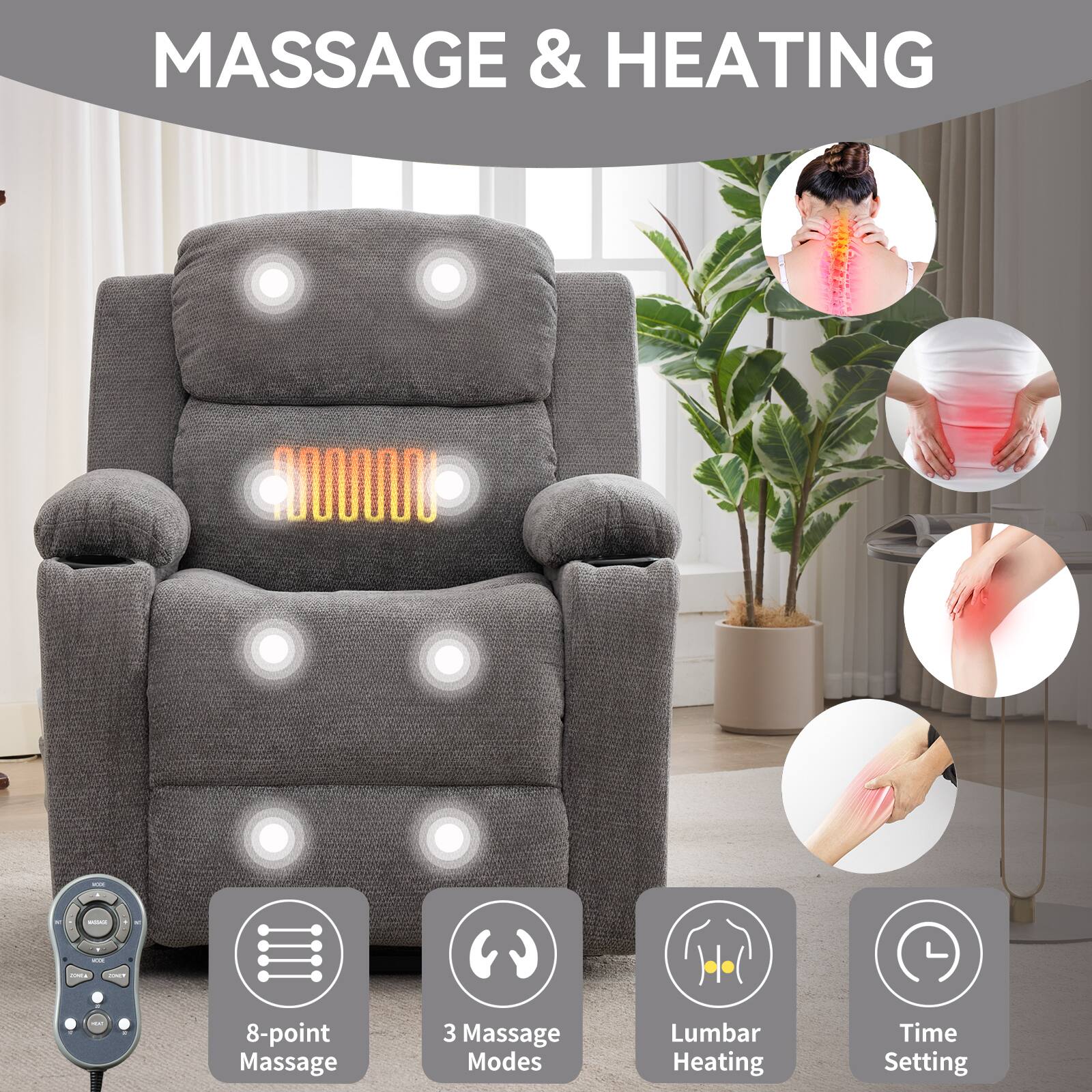MASSAGE & HEATING

- 8-point Massage
- 3 Massage Modes
- Lumbar Heating
- Time Setting