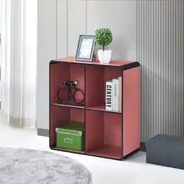 Kings Brand Furniture - Dothan Wood 4-Cubed Open Bookcase - Storage Shelf Organizer Bookshelf - Red