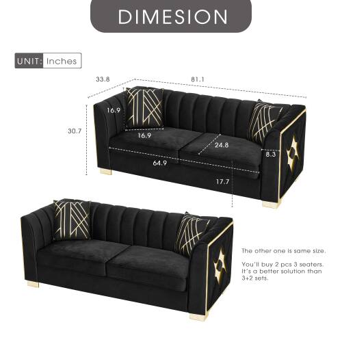 DIMENSION UNIT: Inches  
33.8 81.1 16.9 30.7 16.9 64.9 24.8 8.3 17.7  

The other one is same size. You'll buy 2 pcs 3 seaters. It's a better solution than 3+2 sets.