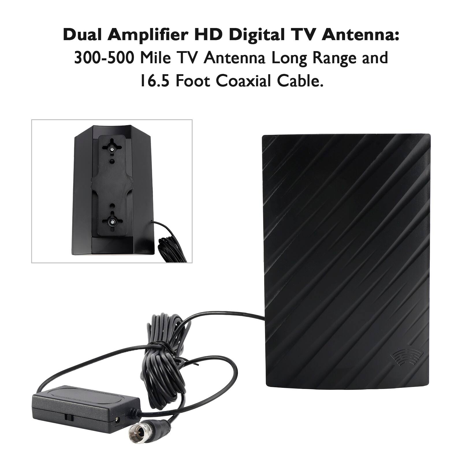 Dual Amplifier HD Digital TV Antenna: 300-500 Mile TV Antenna Long Range and 16.5 Foot Coaxial Cable.