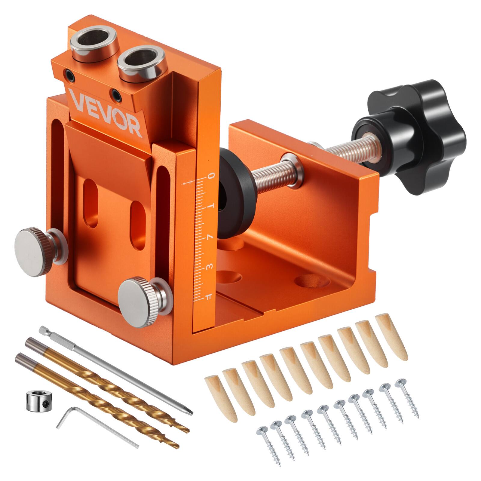 Alt View 5. VEVOR - Pocket Hole Jig Kit, 0.47 to 1.89 in Adjustable, Jig Pocket Hole System with Step Drill, Hex Wrench, Drill Stop Ring - Orange.